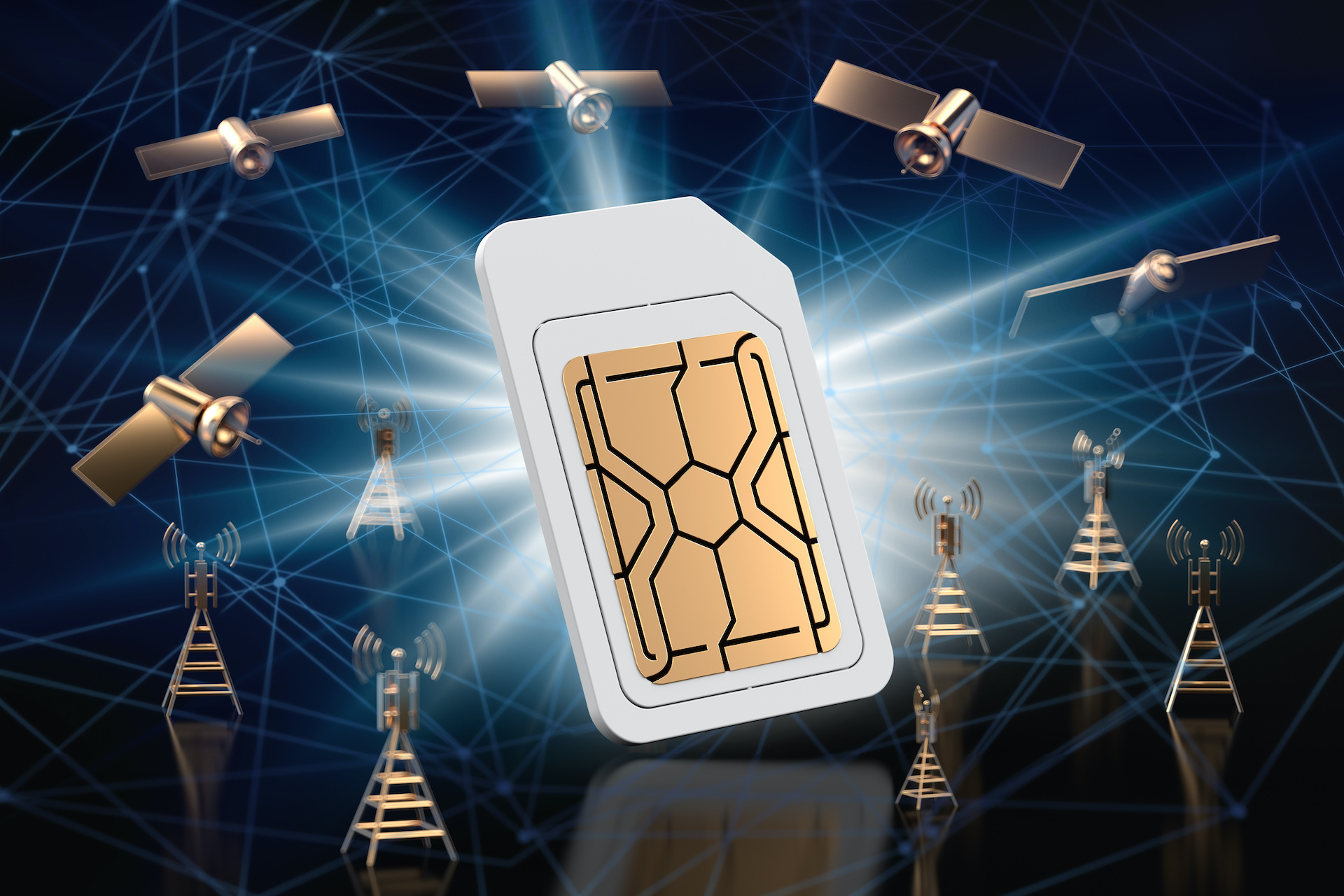 Sim card surrounded by high speed network data transfer nodes. Blurry closeup shot. Fast mobile internet technology concept. 3D rendering